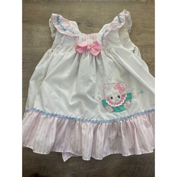 Other - Vintage 80s Pink & White Striped Cat Applique Ruffle Dress | 3T | Ric Rac Trim